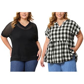 Women's Plus Size Two‑Pack Blouses, Gingham Peplum Notch V-Neck Blouse & Waffle Knit V‑Neck Top