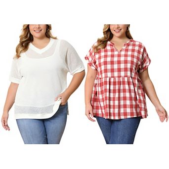 Women's Plus Size Two‑Pack Blouses, Gingham Peplum Notch V-Neck Blouse & Waffle Knit V‑Neck Top