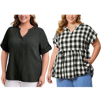 Women's Plus Size Two‑Pack Blouses, Button‑Front Textured Top & Gingham Peplum Blouse