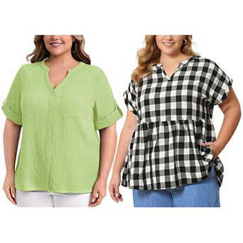 Women's Plus Size Two‑Pack Blouses, Button‑Front Textured Top & Gingham Peplum Blouse