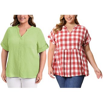 Women's Plus Size Two‑Pack Blouses, Button‑Front Textured Top & Gingham Peplum Blouse