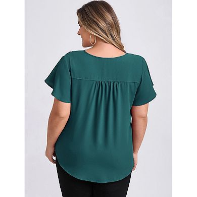 Women's Plus Size Two‑Pack Blouses, Ruffle Sleeve V‑Neck Top & Gingham Peplum Blouse