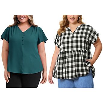 Women's Plus Size Two‑Pack Blouses, Ruffle Sleeve V‑Neck Top & Gingham Peplum Blouse