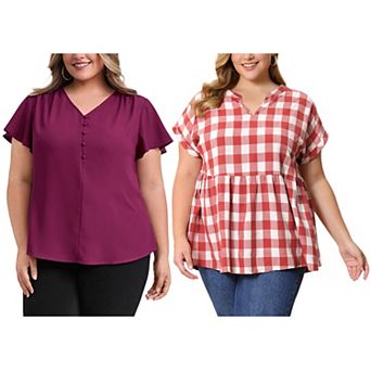 Women's Plus Size Two‑Pack Blouses, Ruffle Sleeve V‑Neck Top & Gingham Peplum Blouse