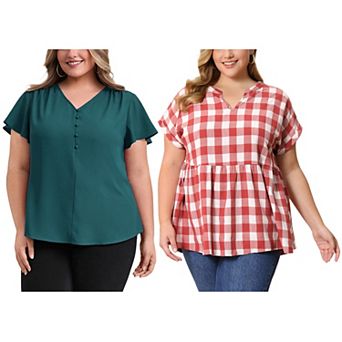 Women's Plus Size Two‑Pack Blouses, Ruffle Sleeve V‑Neck Top & Gingham Peplum Blouse