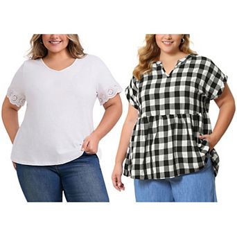 Women's Plus Size Two‑Pack Blouses, Gingham Peplum Blouse & Eyelet Ruffle Sleeve V‑Neck Top