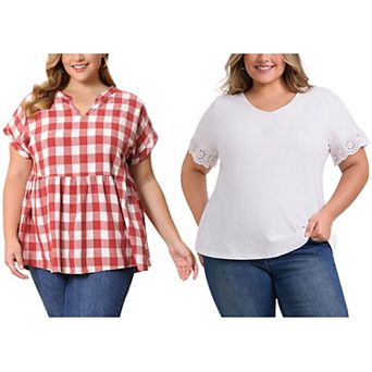 Women's Plus Size Two‑Pack Blouses, Gingham Peplum Blouse & Eyelet Ruffle Sleeve V‑Neck Top