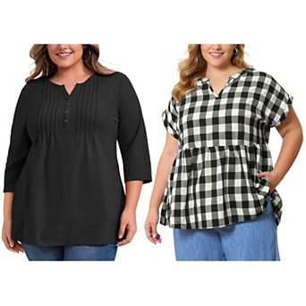 Women's Plus Size Two‑Pack Blouses, Pintuck 3/4 Sleeve Top & Gingham Peplum Blouse