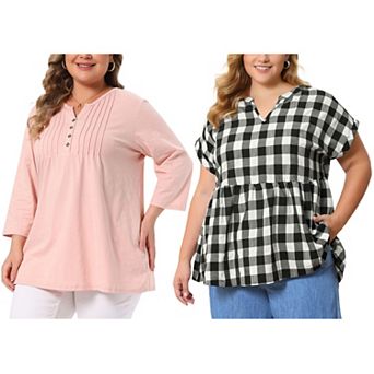 Women's Plus Size Two‑Pack Blouses, Pintuck 3/4 Sleeve Top & Gingham Peplum Blouse