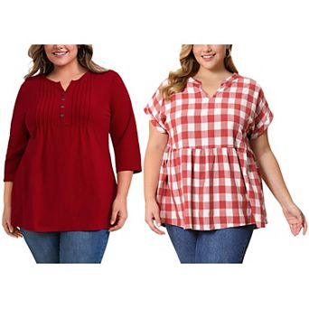 Women's Plus Size Two‑Pack Blouses, Pintuck 3/4 Sleeve Top & Gingham Peplum Blouse
