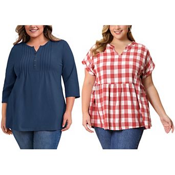 Women's Plus Size Two‑Pack Blouses, Pintuck 3/4 Sleeve Top & Gingham Peplum Blouse