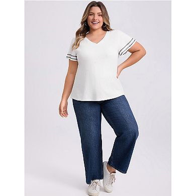 Women's Plus Size Two‑Pack Blouses, Striped Cuff V‑Neck Top & Gingham Peplum Blouse