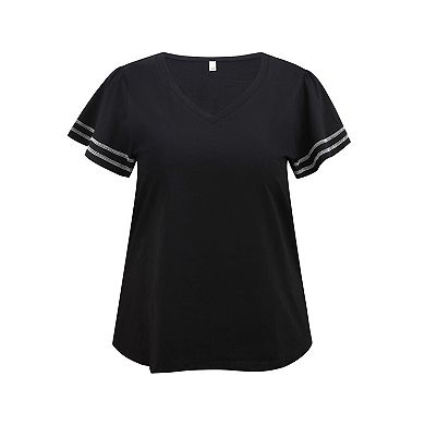 Women's Plus Size Two‑Pack Blouses, Striped Cuff V‑Neck Top & Gingham Peplum Blouse