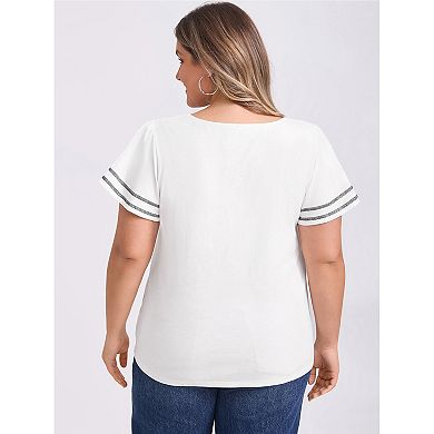 Women's Plus Size Two‑Pack Blouses, Striped Cuff V‑Neck Top & Gingham Peplum Blouse