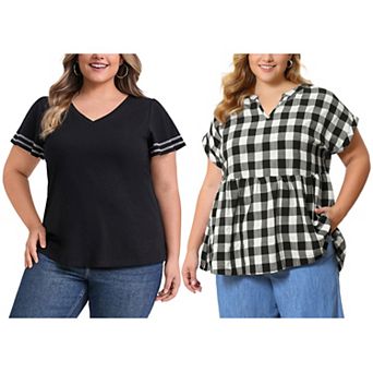 Women's Plus Size Two‑Pack Blouses, Striped Cuff V‑Neck Top & Gingham Peplum Blouse
