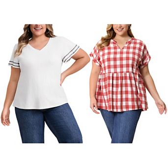Women's Plus Size Two‑Pack Blouses, Striped Cuff V‑Neck Top & Gingham Peplum Blouse