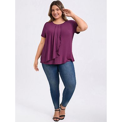 Women's Plus Size Two‑Pack Blouses, Gingham Peplum Blouse & Front Layered Ruffle Round Neck Top