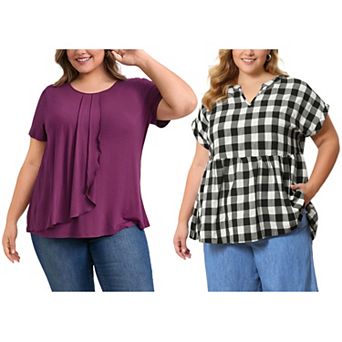 Women's Plus Size Two‑Pack Blouses, Gingham Peplum Blouse & Front Layered Ruffle Round Neck Top