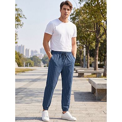 Men's Casual Lightweight Drawstring Elastic Waistband Striped Linen Joggers Pants