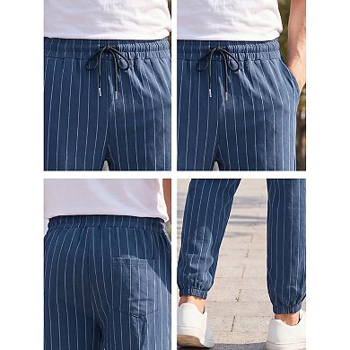 Men's Casual Lightweight Drawstring Elastic Waistband Striped Linen Joggers Pants