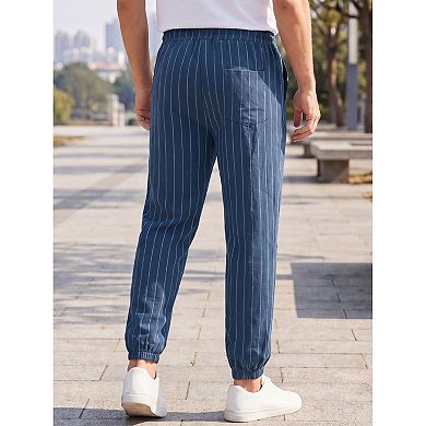 Men's Casual Lightweight Drawstring Elastic Waistband Striped Linen Joggers Pants