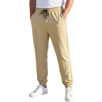 Men's Casual Lightweight Drawstring Elastic Waistband Striped Linen Joggers Pants