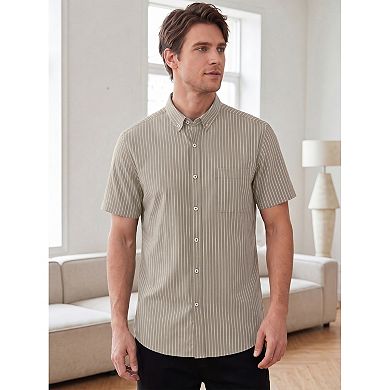 Men's Business Button Down Collared Chest Pocket Short Sleeve Work Striped Shirts