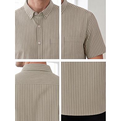 Men's Business Button Down Collared Chest Pocket Short Sleeve Work Striped Shirts