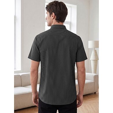 Men's Business Button Down Collared Chest Pocket Short Sleeve Work Striped Shirts