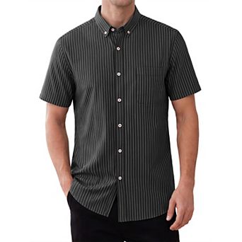 Men's Business Button Down Collared Chest Pocket Short Sleeve Work Striped Shirts