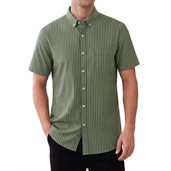 Men's Business Button Down Collared Chest Pocket Short Sleeve Work Striped Shirts