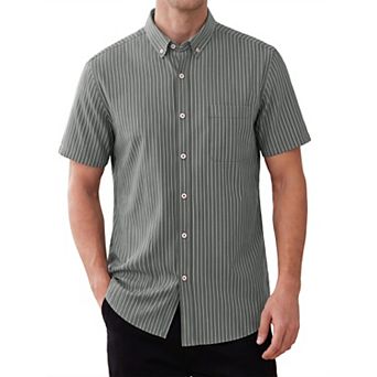 Men's Business Button Down Collared Chest Pocket Short Sleeve Work Striped Shirts