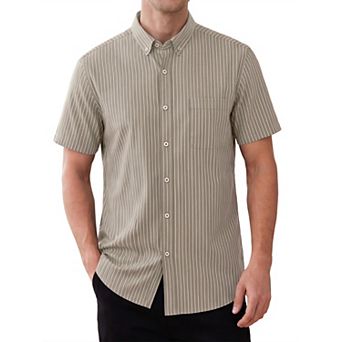 Men's Business Button Down Collared Chest Pocket Short Sleeve Work Striped Shirts