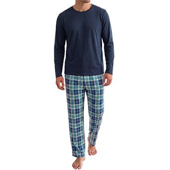 Men's Solid Color Long Sleeve T-Shirt & Plaid Pants Sleepwear Pajama Set