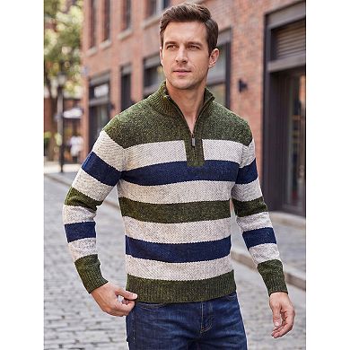 Men's Striped Knit Sweater Quarter Zip Long Sleeve Casual Contrast Pullover Sweatershirt