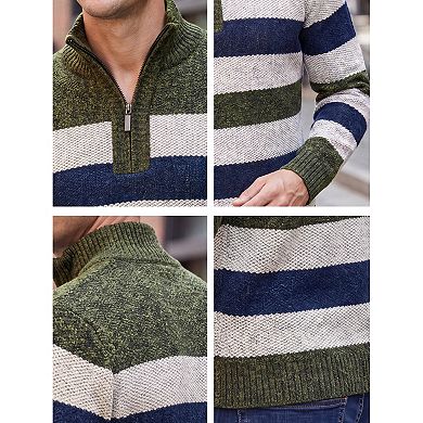 Men's Striped Knit Sweater Quarter Zip Long Sleeve Casual Contrast Pullover Sweatershirt