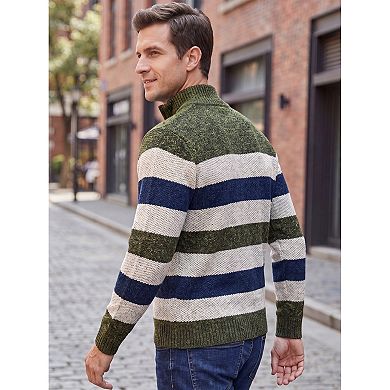 Men's Striped Knit Sweater Quarter Zip Long Sleeve Casual Contrast Pullover Sweatershirt