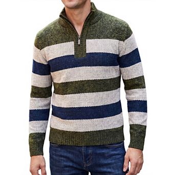 Men's Striped Knit Sweater Quarter Zip Long Sleeve Casual Contrast Pullover Sweatershirt