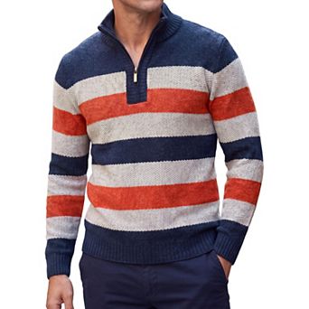 Men's Striped Knit Sweater Quarter Zip Long Sleeve Casual Contrast Pullover Sweatershirt