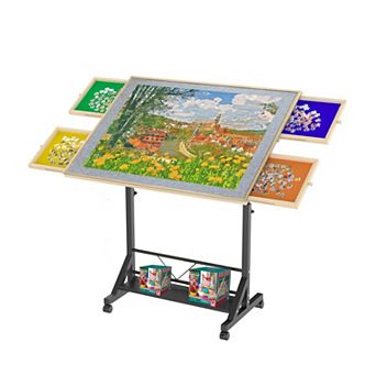 35" Wooden Puzzle Table with Drawer, 360° Tilt, Adjustable Height & Wheels