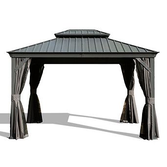12'X14' Grey Hardtop Gazebo, 2-Layer Galvanized Steel Roof w/Drainage, Curtain&Netting for Patio