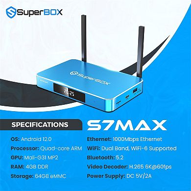 Super Box S7 Max 6K Android TV Streaming Box, 64GB, Voice Command, Parental Control