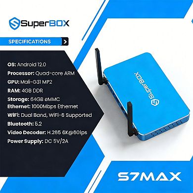 Super Box S7 Max 6K Android TV Streaming Box, 64GB, Voice Command, Parental Control
