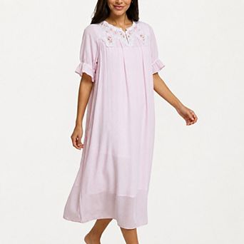 Women's Short Sleeve Nightgown with Embroidered Collar and Ruffle Cuffs