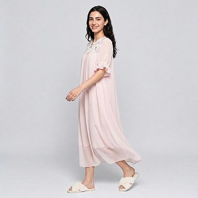 Women's Short Sleeve Nightgown with Embroidered Collar and Ruffle Cuffs