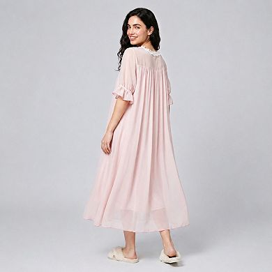 Women's Short Sleeve Nightgown with Embroidered Collar and Ruffle Cuffs