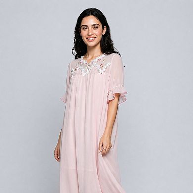 Women's Short Sleeve Nightgown with Embroidered Collar and Ruffle Cuffs