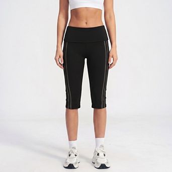 Women's High Waist Side Stripe Capri Leggings Wide Waistband Cropped Workout Yoga Pants