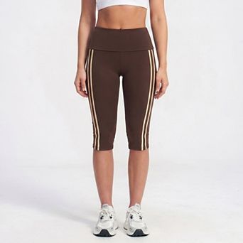 Women's High Waist Side Stripe Capri Leggings Wide Waistband Cropped Workout Yoga Pants
