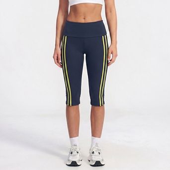 Women's High Waist Side Stripe Capri Leggings Wide Waistband Cropped Workout Yoga Pants